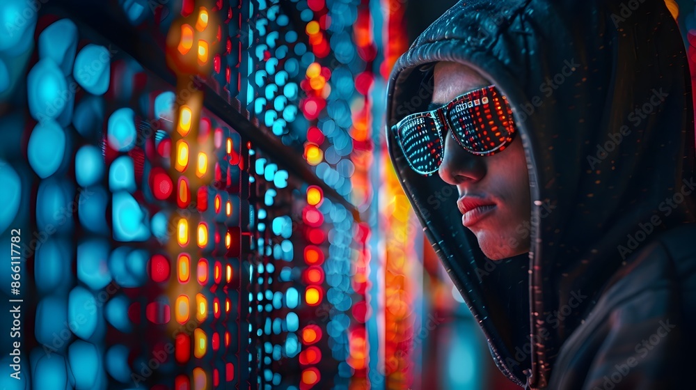 Poster hacker in dimly lit room with colorful led lights techy and modern hacker concept