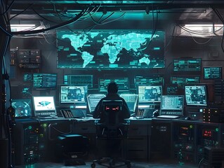 Hacker in a High Tech Underground Bunker Surrounded by Advanced Tech for Concept