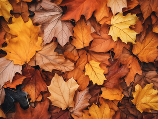 Fototapeta premium Colorful Autumn Leaves on Ground, Vibrant Fall Foliage, Seasonal Nature Background with Copy Space