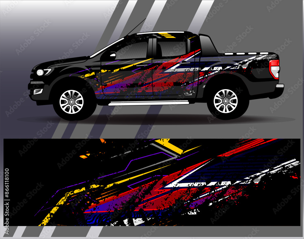 Wall mural Car wrap design vector. Graphic abstract stripe racing background designs for vehicle, rally, race, adventure and car racing livery