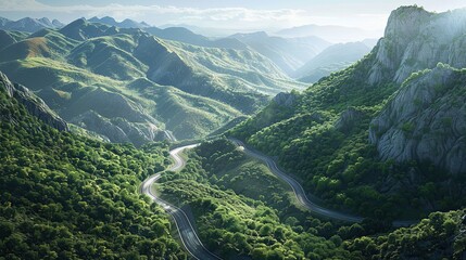 Aerial view of winding road in the mountains with lush green trees and clear sky with white clouds