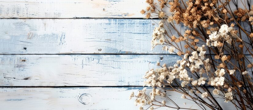 Bird's-eye view of a stunning flat lay on a rustic white and blue wooden backdrop adorned with dry yipso flowers, providing an area for text or message alongside the image. Copy space image