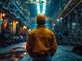 Worker in a hard hat and safety jacket stands in an illuminated industrial facility, symbolizing industry and manufacturing processes.