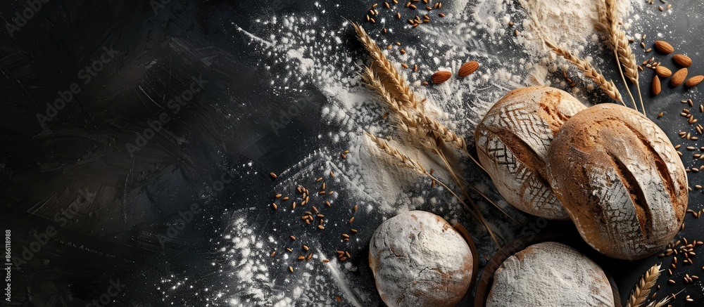 Poster Bakery ambiance featuring bread against a black backdrop, surrounded by flour and grains, creating a visually open space for text or graphics. Copy space image. Place for adding text and design