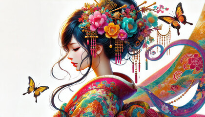 Fototapeta premium 着物 イラスト 日本画（Japanese painting）／美人画 美女 anime