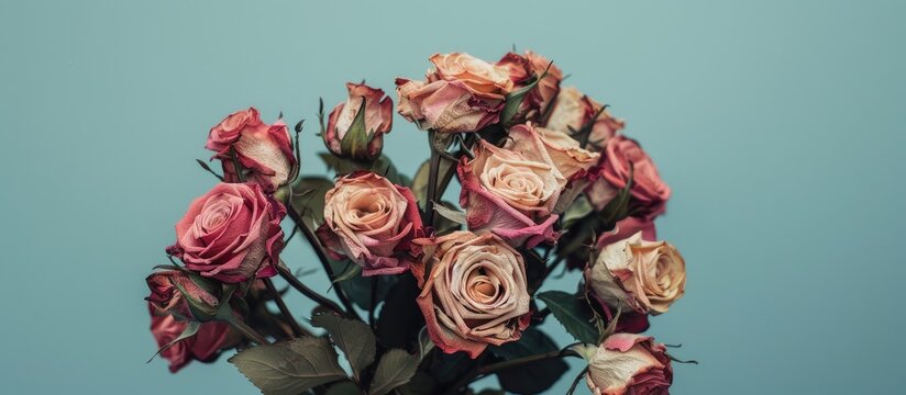 Dried flower bouquet with many faded roses in a copy space image.