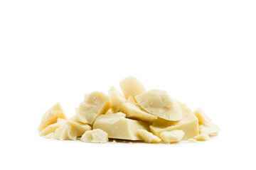 Pile of white chocolate flakes isolated on white background.