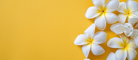 Fototapeta premium A flat lay of white plumeria blossoms against a yellow backdrop, showcasing a copy space image.