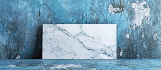 A marble board displayed on a textured blue concrete backdrop with an area for your text, known as a copy space image.