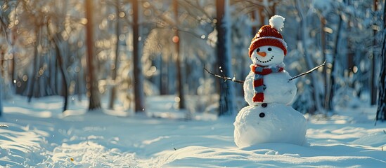 A charming snowman blends in with the snowy forest backdrop, offering ample copy space for an image.