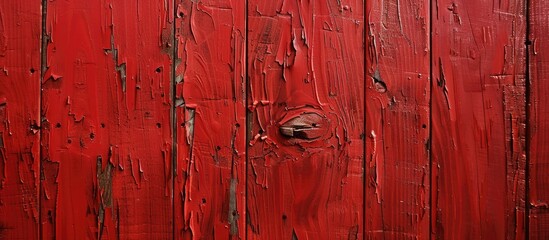 A fresh, clean red-painted wooden surface featuring a pressed plate composed of wood pieces, perfect for displaying a copy space image.