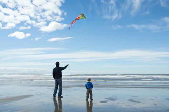 Father and son are bonding while flying a kite on a breezy beach, enjoying quality time together
