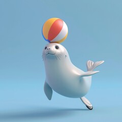 Skating Seal A lively 3D seal balancing a beach ball on its nose while on ice skates, AI Generative