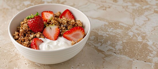 A white bowl of granola topped with fresh strawberries and yogurt on a beige marble background in a horizontal shot with copy space image.