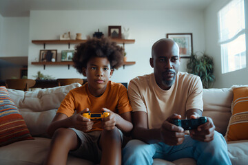 Father and son are sitting on a couch, holding game controllers and playing video games
