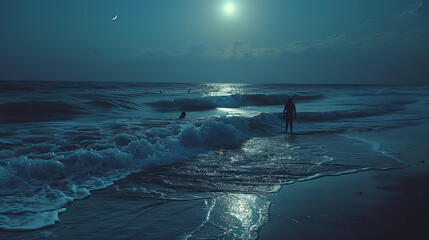 A beautiful nighttime night time beach scene with people swimming in the moonlight ocean background weekend nature vacation scene fun with friends big full moon and copy space