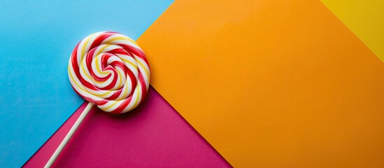A spiral lollipop rests on a colorful background, serving as a joyful decoration in the image with available copy space.