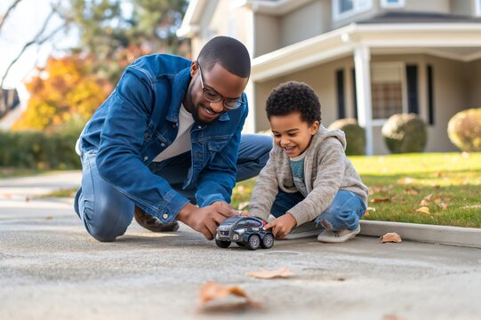 Father and son are crouching in a driveway, playing with a toy car on a sunny autumn day