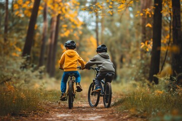 Naklejka premium Two boys happily ride bikes in a colorful autumn forest, enjoying nature and childhood freedom. Brothers explore, laugh, and create fun memories in the great outdoors