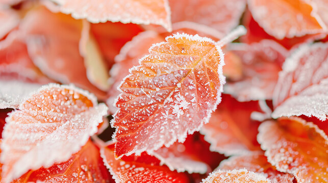 frosty autumn leaves with a layer of ice crystals, highlighting the transition from fall to winter