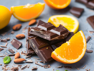 Pieces of dark dark chocolate with mint or orange. Neural network AI generated art