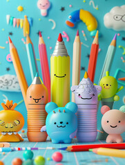 Obraz premium 3D back-to-school banner design with colorful funny highlighter characters, pencils, and space for text in the background.