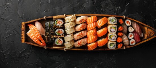A variety of sushi rolls displayed on a wooden boat with a black background seen from above, providing ample copy space image.