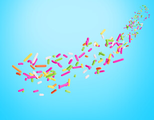 Colorful Sprinkles Or Meises For Cakes Flowing Coming In The Air on soft blue Background 3D Illustration