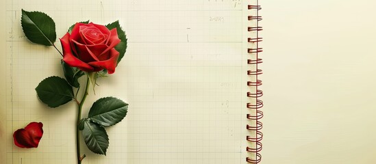 A notebook page featuring a red rose, leaves, and a heart symbol, capturing the essence of Valentine's Day, with space available for text or graphics. image with copy space