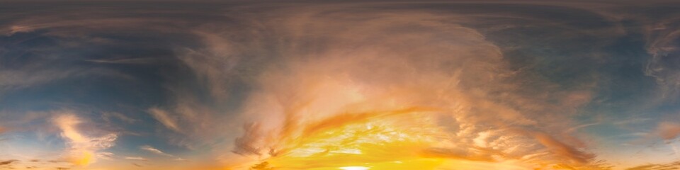 Seamless 360 HDR spherical panorama of sunset sky with vibrant pink Cirrus clouds. Full zenith or sky dome in 3D, sky replacement for aerial drone panoramas. Climate and weather change.
