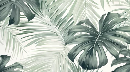 Gardinen Pflanzen Muster  A grey and white tropical leaf pattern wallpaper, with the leaves overlapping in a dense arrangement, creates an artistic visual effect, seamless patterns.  © halo