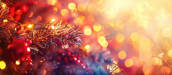 A festive holiday bokeh background featuring golden and red tinsels, and vibrant garland lights is perfect for a copy space image.