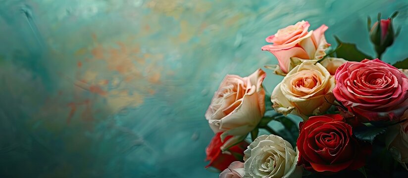 A bouquet of vibrant roses set against a serene background in a copy space image.