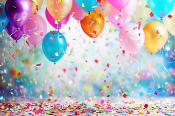 Brightly colored balloons and confetti falling on a white backdrop, perfect for a childrens birthday party. Generative AI