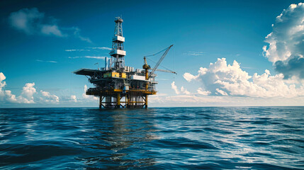 Fototapeta premium A single oil rig stands in the middle of a vast ocean, with a clear blue sky and fluffy clouds overhead