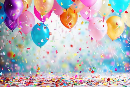 Brightly colored balloons and confetti falling on a white backdrop, perfect for a childrens birthday party. Generative AI