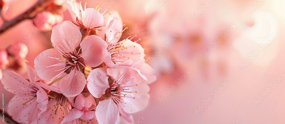 Aufkleber Beautiful delicate pink cherry blossoms in spring with a pink background and space for a greeting message on a notepad; represents spring and Mother's Day. image with copy space