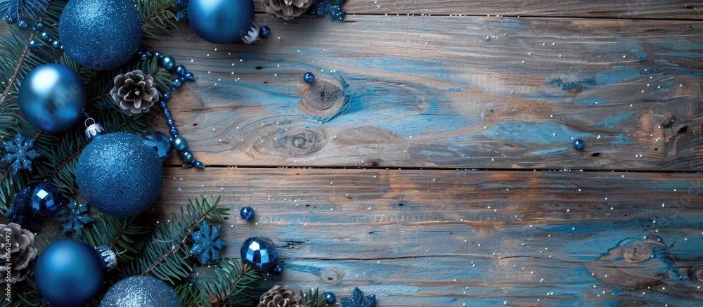 Poster blue christmas decorations on a wooden background with open copy space image for text, ideal for hol