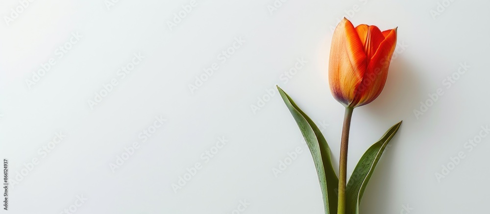 Poster an orange tulip symbolizing spring with room for text for mother's or woman's day on a white backgro
