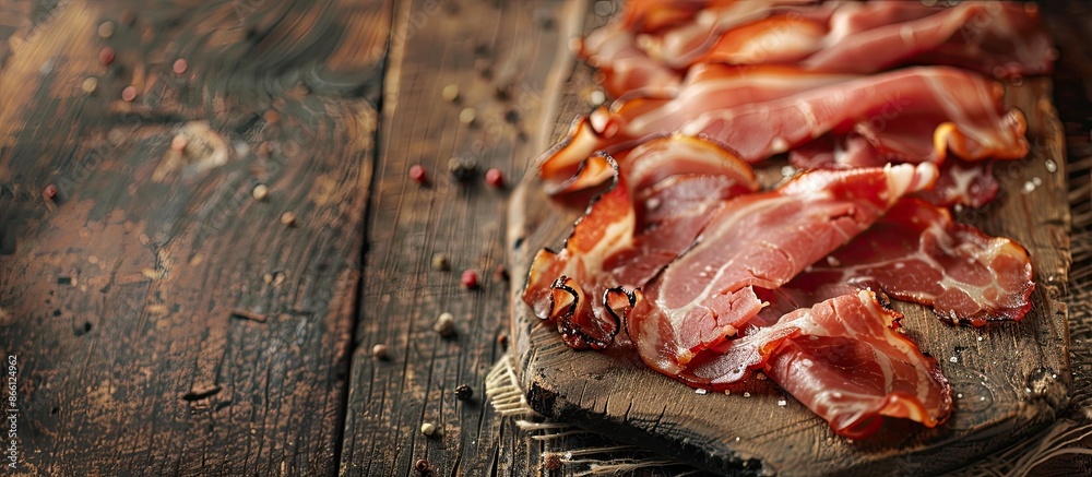 Aufkleber Bacon slice on a rustic table as a food background with copy space image, suitable for eating or cooking as an appetizer or meal.