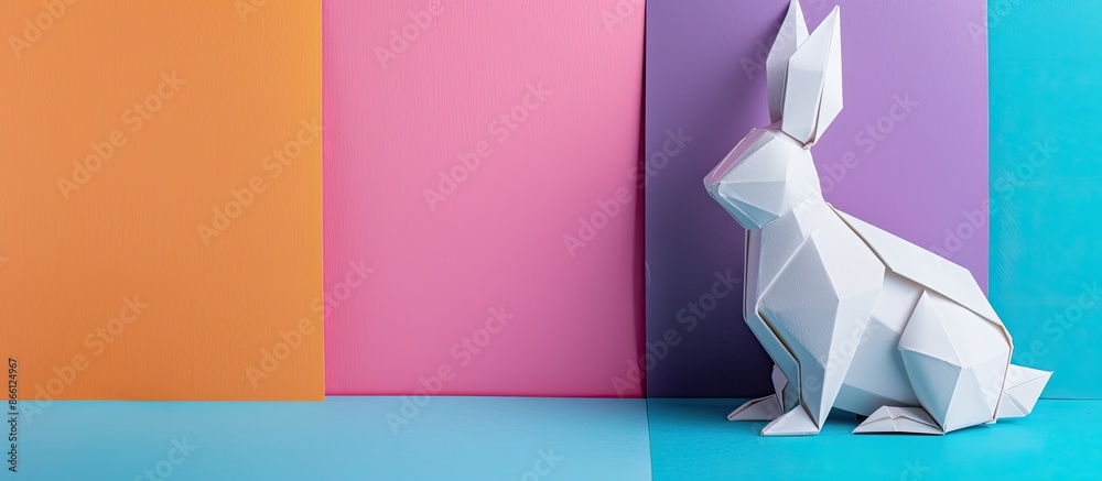 Aufkleber Easter-themed paper rabbit on colorful backdrop with copy space image.