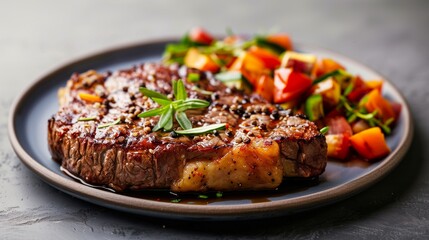 Labor Day steak with copy space for text on a plain background, suitable for ads, showcasing a juicy steak with vibrant sides.
