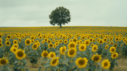 Obraz premium Single Tree Stands Tall Amidst Blooming Sunflowers Under Soft Overcast Sky