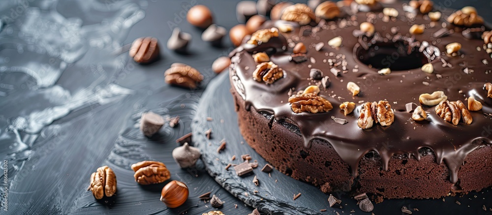 Poster close-up of a delicious homemade chocolate cake with nuts on a black table, providing ample copy spa
