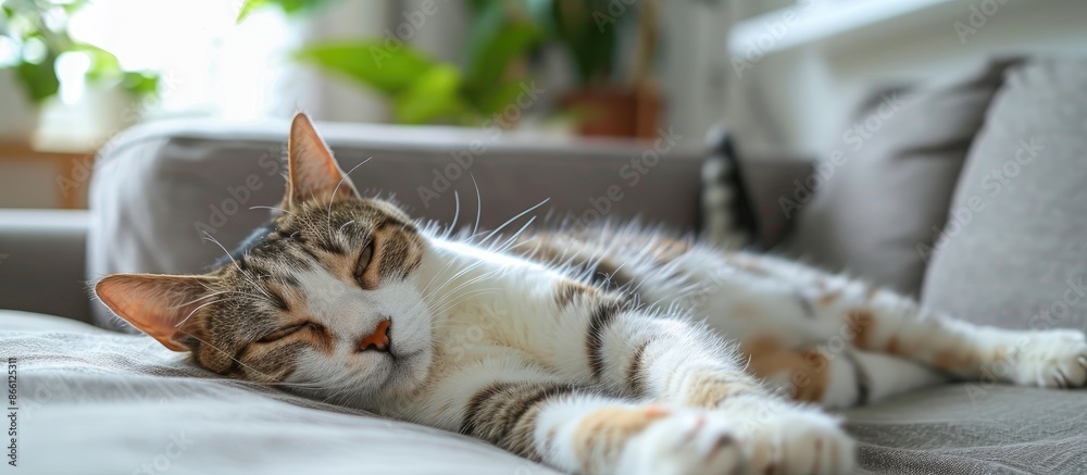 Poster adorable cat lounging with cozy vibe in a room, with a comfortable setting, suitable for a copy spac