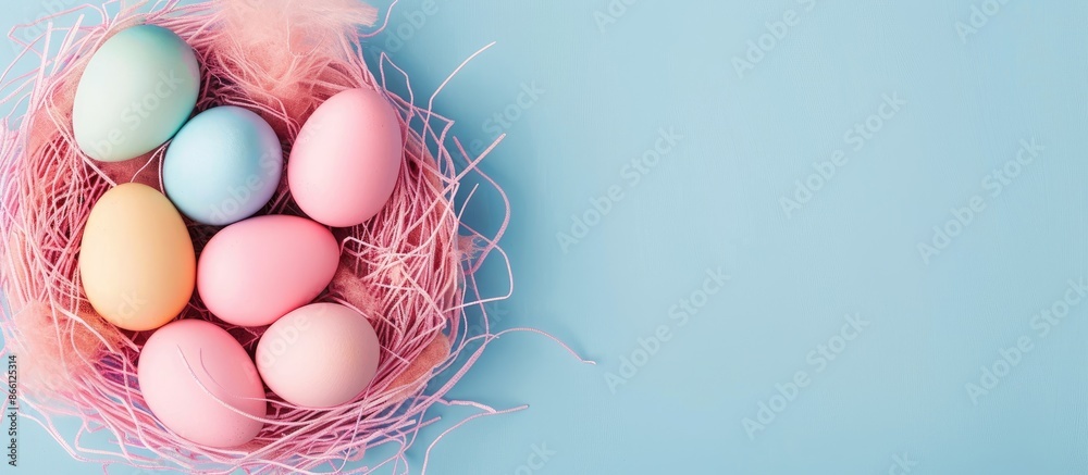 Poster colorful easter eggs arranged in a pink nest on a soft pastel blue background in a close-up copy spa