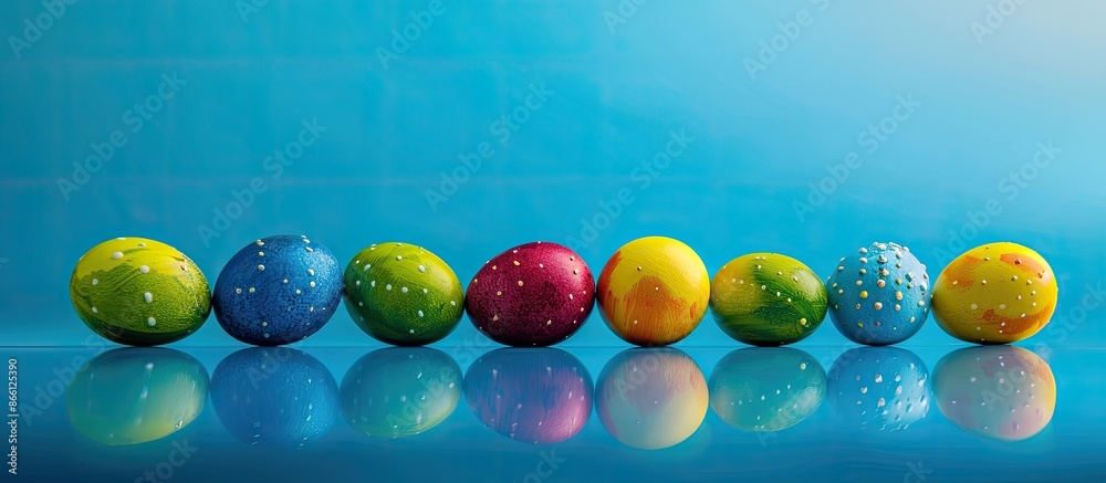 Poster Colorful Easter eggs with reflections on a blue backdrop create a mystical Easter theme, offering ample copy space for additional elements.