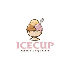 Colorful sundae ice cream scoop in bowl, in Frozen sweet dessert, icon vector logo illustration.