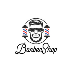 Barbershop vector logo design concept, poster or banner with barber pole and bearded man.