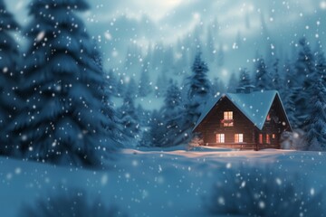 A cozy snow-covered cabin, with a softly blurred background of pine trees and a snowy landscape. 